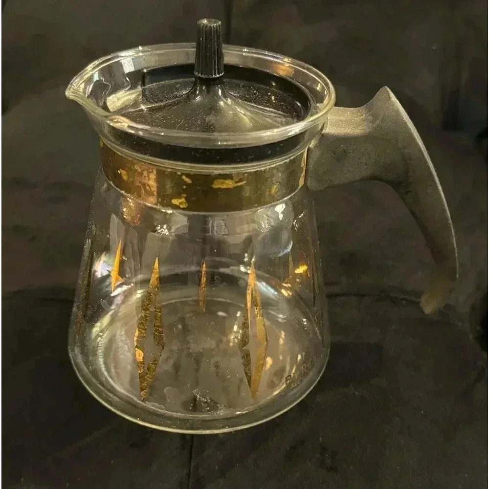 MCM PYREX GOLD ATOMIC DIAMOND STARS CARAFE 2 CUP COFFEE TEA POT 5"